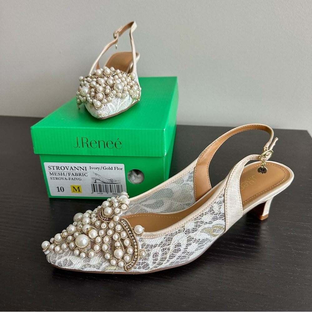 J. Reneé Strovanni Ivory/Gold Floral Pearl Ornament Slingback Pumps